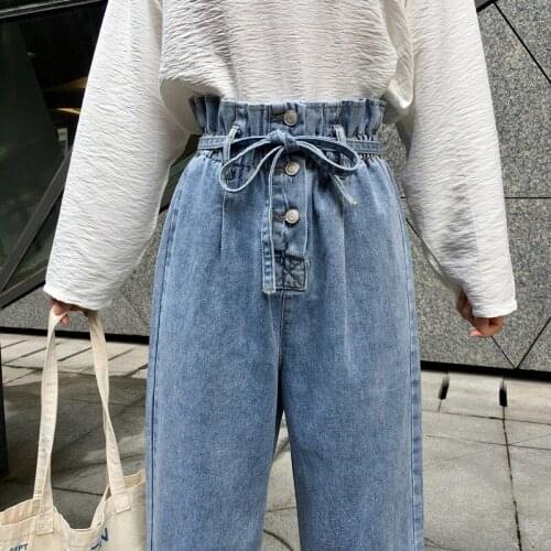 Jeans Women Harem Denim Simple High Pleated Waist Buttons Students Ankle-length All-match Loose 3XL Plus Size Harajuku Jean Chic