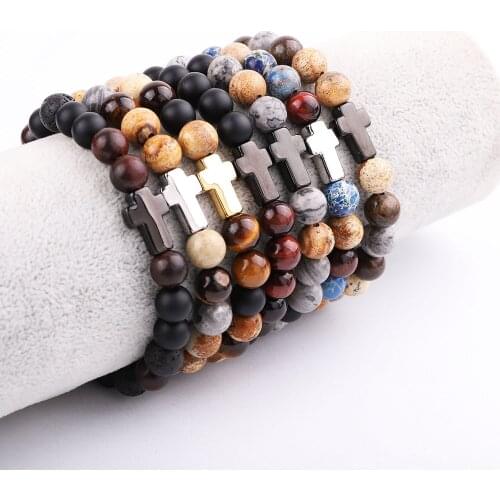 JARAVVI Simple Design Stainless Steel Cross Vintage Natural Stone Elastic Bacelet Men Jewelry Gift