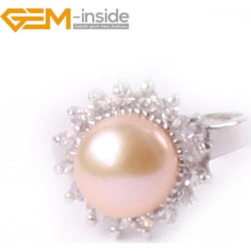 Gem-inside 9-10mm freshwater pearl with rhinestone white gold ring adjustable size For Women Trinket Gift DIY Jewelry