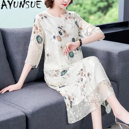 AYUNSUE 2021 Summer Silk Dress Female Vintage Elegant Beach Plus Size Dress Women Floral Casual Dresses Vestidos De Verano J6699