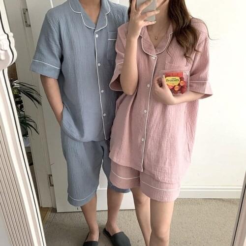 Couple Summer 2PCS Cotton Sleep Suit Casual With Pocket Pajamas Short Sleeve Cardigan&Shorts Nightwear Loose Sleepwear Home Wear