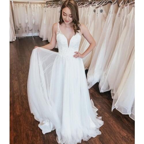 Wedding Dress A-Line Deep V-Neck Spaghetti Straps Lace Appliques Sequined Backless Floor Length Sweep Train Bride Gown New