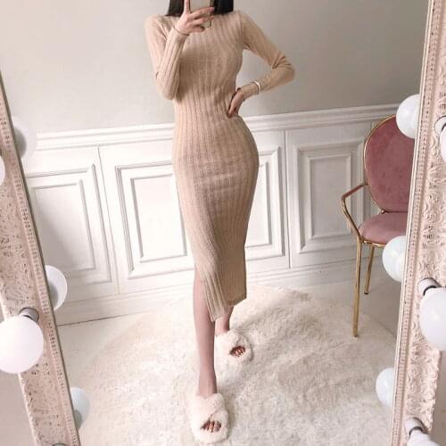 Elegant Korean Winter Vestidos Women Sexy Slim Knitted dress Thickening Turtlenect Warm dress Casual Female Sweater Dresses