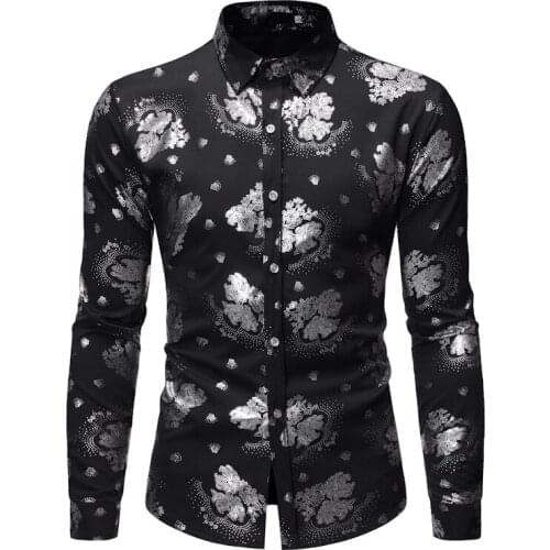 Mens Floral Shiny Shirt Luxury Flowered Printed Button Up Shirt Men Slim Fit Long Sleeve Dress Shirt Men Party Nightclub Shirts