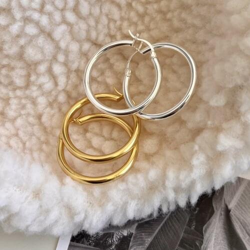 1pair 3*25MM 100% Authentic 925 Sterling silver Gold /White Smooth Endless Love Big Circle Hoop Huggie Earrings jEWELRY E148
