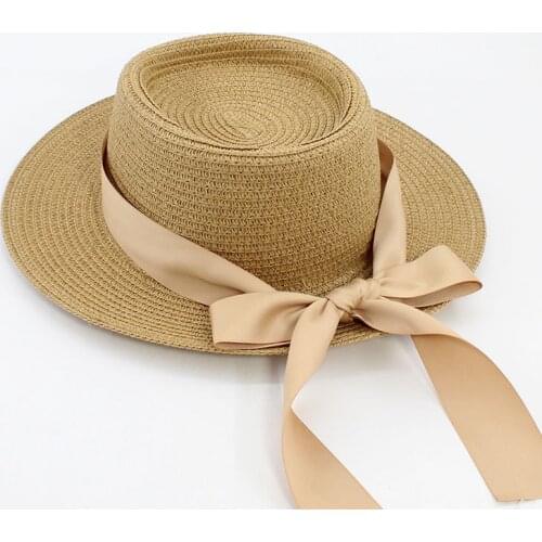 New Summer Sun Hats Women Fashion Girl Straw Hat Ribbon Bow Beach Hat Casual Straw Flat Top Panama Hat Bone Straw Hat