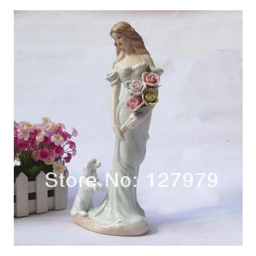 Modern home furnishing decoration ceramic crafts porcelain home decor flower girl and a lovely dog Wedding gift figure Ornament