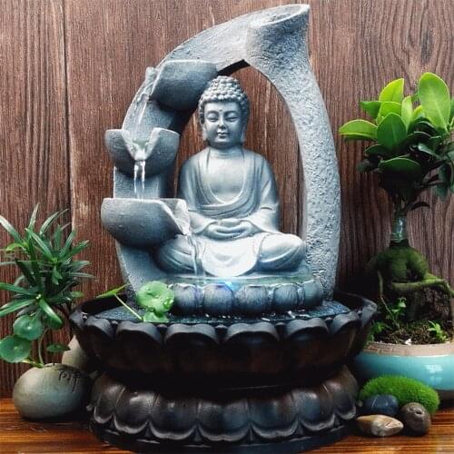 30CM 110V Home Decoration Resin Flowing Water Waterfall Fountain Buddha Statue Lucky Feng Shui Ornaments Landscape Indoor Decors