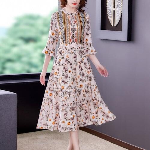 Vintage Floral Print Stand Collar Lace-up High Waist Midi Dress Women Three Quarters Sleeve Slim Party Dresses Female Clothes