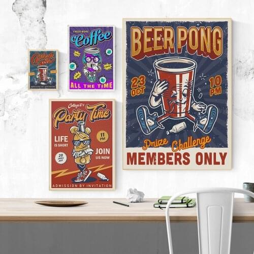 Vintage Coffe Coke Beer Poster Wall Art Prints Cartoon Food Drink College Canvas Painting Modern Bar Club Kitchen Decor Pictures