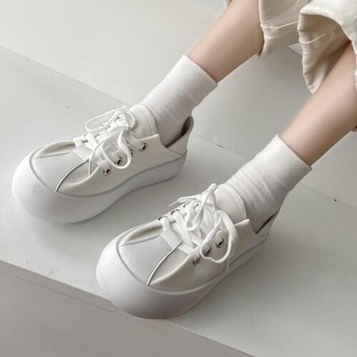 Womens Flat Single Shoes Canvas Lace-Up Solid Thick Bottom Female Sneakers Comfortable Leisure Concise Ladies Vulcanized Shoe