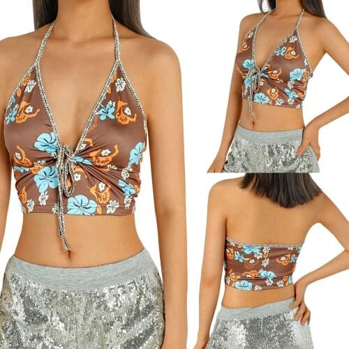 Hirigin Fashion Women Sexy Deep V-neck Beach Vest Tank Brown Floral Printed Pattern Sleeveless Halter Casual Swimwear Crop Tops