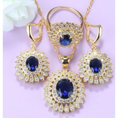 Gold-Color Sunflower Costume African Women Wedding Fashion Big Jewelry Sets With Natural Blue Stone Necklace And Earrings Sets