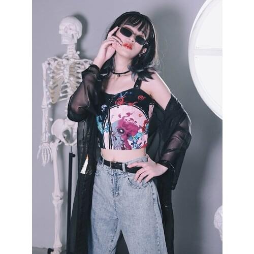 New Japanese Gothic Punk Print Backless Casual Hot Girl Top Streetwear Summer Sexy Women Black Slim Sling Vest