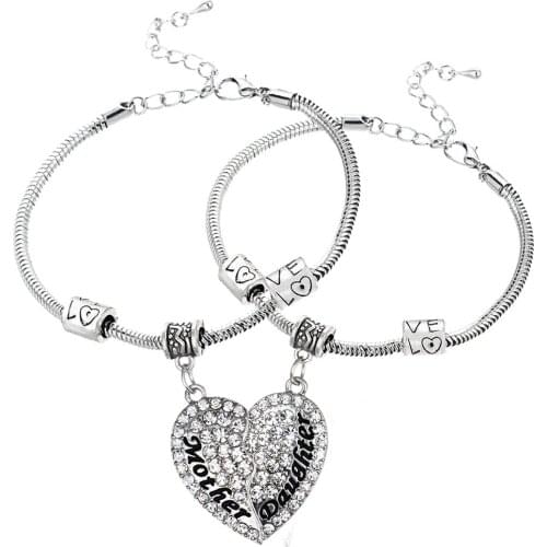 12PC Mother & Daughter Splicing Puzzle Heart Clear Crystal Pendant Bracelets Family Women Girl Mom Xmas Gifts Love Beads Chain