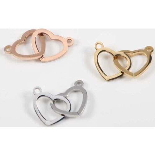 5pcs/Lot Mirror Polished Stainless Steel Double Hearts Charm Connector for Jewelry Making 12*20mm