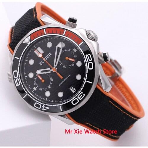 Bliger 41mm Quartz Watch Men Sapphire Glass Luminous Waterproof Rubber Strap Calendar Sport Chronograph Function Wristwatch Men