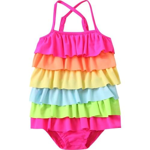 Kids Baby Girls Fashion Rainbow Color Swimsuit Stylish Sleeveless Bathing Suit 2-6Years