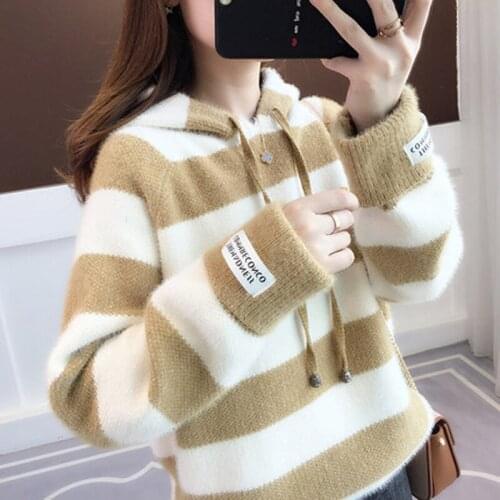 2021 Autumn Spring Womens Jumper Hooded Stripe Long Sleeve Ladies Sweater Casual Warm Female Kintted Pullovers for Women Outwea