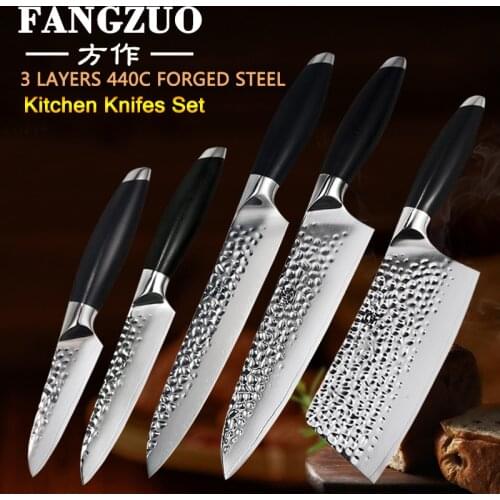 FANGZUO Newest 5 PCS Kitchen Chef Knives Set High Carbon Stainless Steel Chef Cleaver Slicing Fruit Utility Knife Kitchen Tools