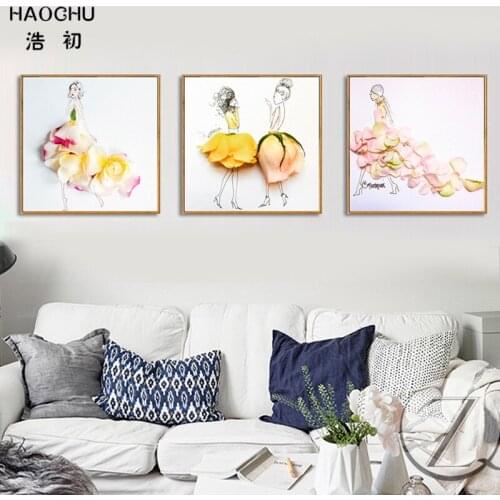 HAOCHU Creative Fashion Flower Lady Pink Petal Blossom Wall Picture Simple Canvas Painting Modern Home Bedroom Wall Decor