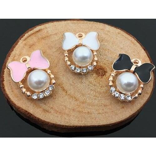 MRHUANG Oil Drop Charms 10pcs/lot Pearl Rhinestone Bow Metal Enamel Folating Pendant Carousel Charms DIY Bracelet