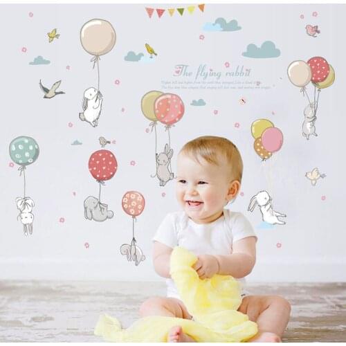 Cartoon Rabbit Balloon Wall Stickers for Kids Rooms Baby Boys Girls Nuresery Cute Animal Wallpaer Kids Room Decoration