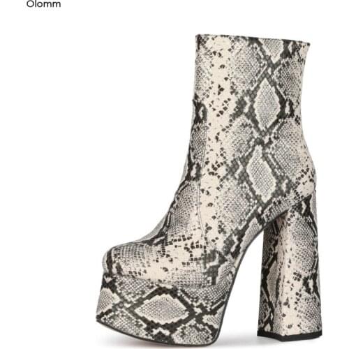 Olomm New Women Platform Ankle Boots Snake Pattern Boots Square High Heels Round Toe Gorgeous Party Shoes Women US Size 5-10.5