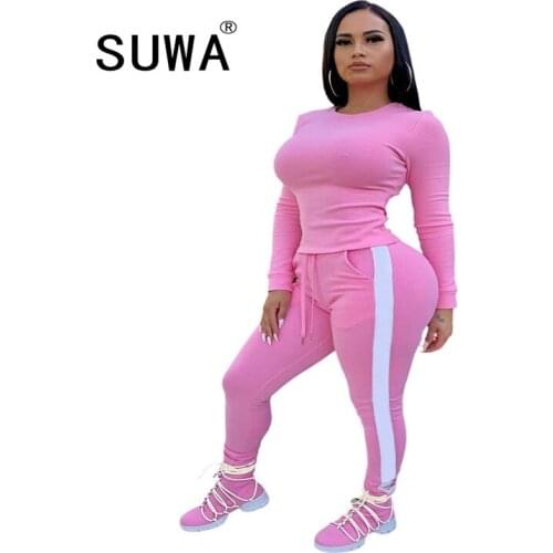 Wholesale Active Wear Womens Set Long Sleeve T-shirt Tops Striped Jogger Pants Suit Tracksuit Sporty Two Piece Set Fitness