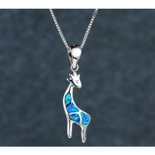 Real 925 Sterling Silver Chain Necklace Cute Animal Giraffe Pendant Necklace Blue Opal Stone Necklaces For Women Bridal Jewelry
