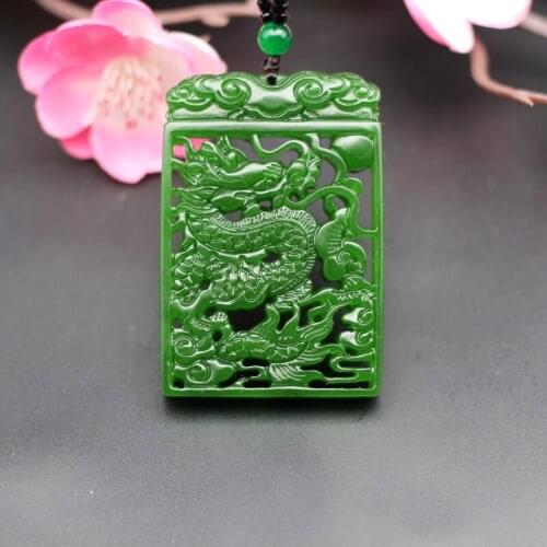 Dragon Natural Green Jade Pendant Necklace Chinese Fashion Jewelry Double-sided Hollow Carved Charm Amulet Men Women Lucky Gifts