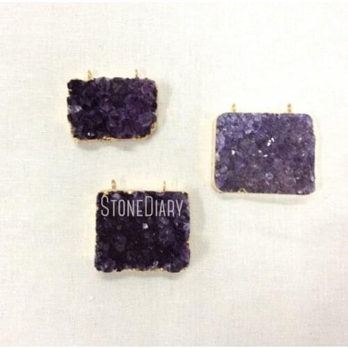 H-AMD33 Square Raw Druzy Amethysts Cluster Pendant with Gold and Two loops