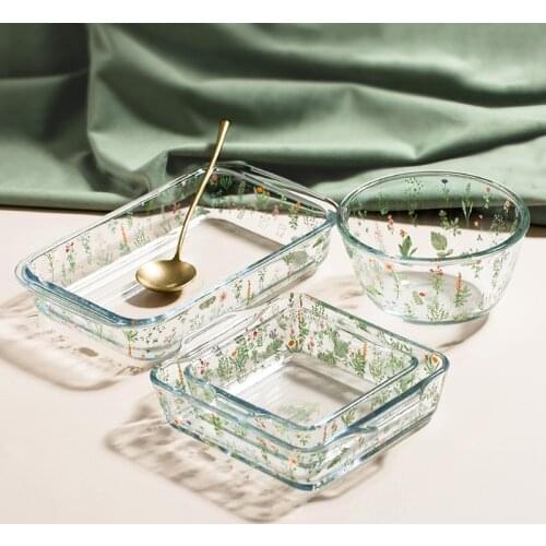 Ins Popular Japan Style Plant Floral Printed Glass Fruit Rice Bowls 10 Inch Rectangle Plates Ellipse Dishes 8.5inch Square Plate