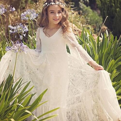 Puffy Tulle Lace Alines Flower Girl Dresses Long Sleeve Girl Princess Dress Illusion Girl Wedding Party Dress First Communion