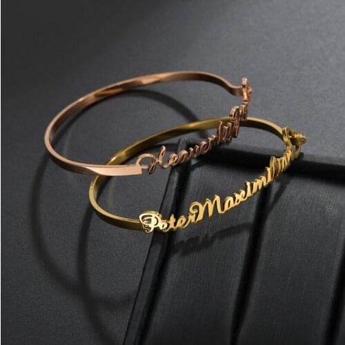 Hand Decoration Customized Name Cuff Personalized Bracelets Bangles Women Gold Stainless Steel Mom Birth Jewelry Gifts