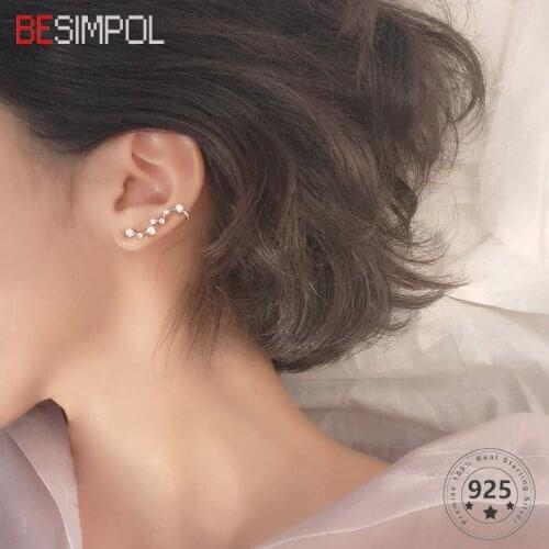 Besimpol 925 Sterling Silver Zircon Stud Earrings Elegant Temperament Shiny Star Earrings For Women Silver Jewelry Sisters Gift