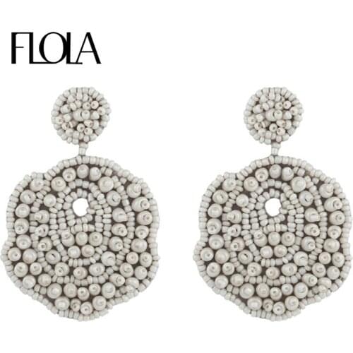 FLOLA Handmade White Beaded Earrings Big Boho Beads Statement Earrings for Women Jewellery pendientes blancos ersq12