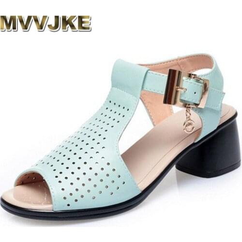 MVVJKE New Fish Mouth Hollow Genuine Leather Sandals Woman Shoes Fashion Sandals Summer Shoes Women High Heel Sandals Plus Size
