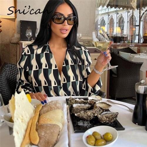 Black Green Office Ladies Blouse Za 2021 Women Summer Fashion Geometrical Print Elegant Female Chic Tops Outwear Blusas Feminina