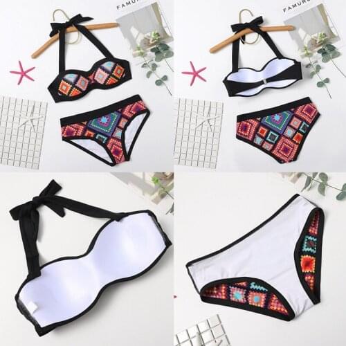 Geometric Print Halter Ladies Split Bikini Open Back Ladies Swimsuit