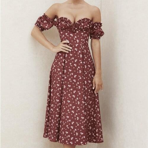 Women Dresses Off Shoulder Ruffled Floral Print High Waist Casual Ladies Dresses Sexy Backless Side Split Summer Mujer Vestidos