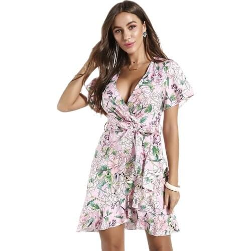CINESSD Sexy Beach Dress For Women Summer Polyester Elegant Flower Print V-Neck Short Sleeve Boho A-line Sundress With Belt