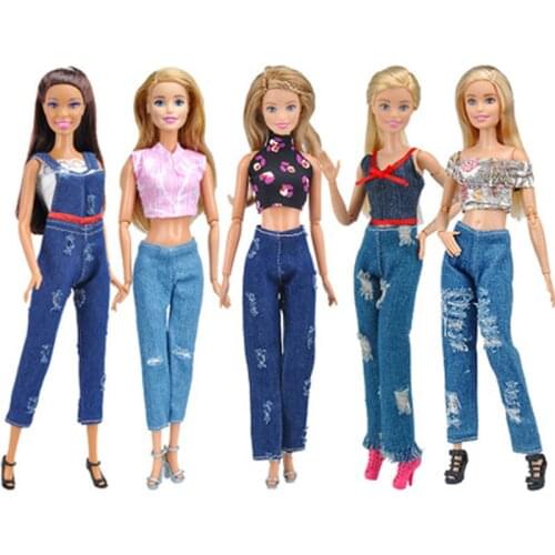 1Set Fashion Outfit For Barbie Doll Short Top & Jeans Pants Trousers Handmade Clothes For Barbie Dollhouse 1/6 Doll Accessories