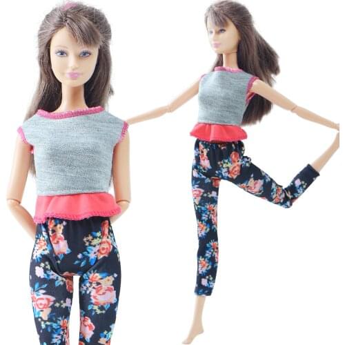 BJDBUS 1 Pcs Doll Yoga Outfit Vest Flower Pattern Trousers Pants Sport Clothes for Barbie Doll Kids Daily Wear Accessories Toys