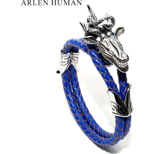 2018 High quality Stainless steel men bracelet animal heads snake charm real leather bracelet Personalized bracelets