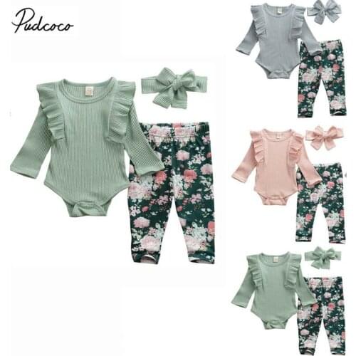 2019 Brand Newborn Infant Baby Girls Christmas Clothes Solid Knit Playsuit Fly Sleeve Tops Floral Pants Outfits With Headband