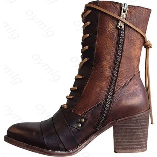 2020 New Women Winter Outdoor Lace-up Ankle Boots Ladies Square Heel PU Boot Plus Size 35-43 Casual Booties Woman Zapatos Mujer