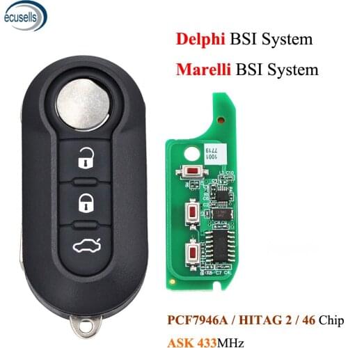 3 BTN Remote Flip Car Key ASK 433Mhz For Fiat 500 Grande Punto Doblo Qubo 2006 2007 2013 Marelli / Delphi System PCF7946 Chip