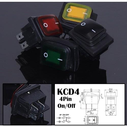 4x Latching Rocker Switch Power Switch I/O 4 Pins Terminals With Light 1AC 250V/15A 125V/20A KCD4 Electrical Rocker Boat Switch