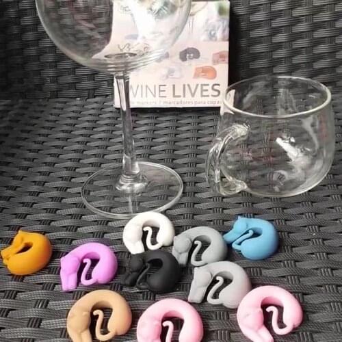 6pcs Red Wine Glass Marker Creative Lazy Cat Silicone Marker Charm Drinking Glass Identification Cup Labels Tag Signs for Party